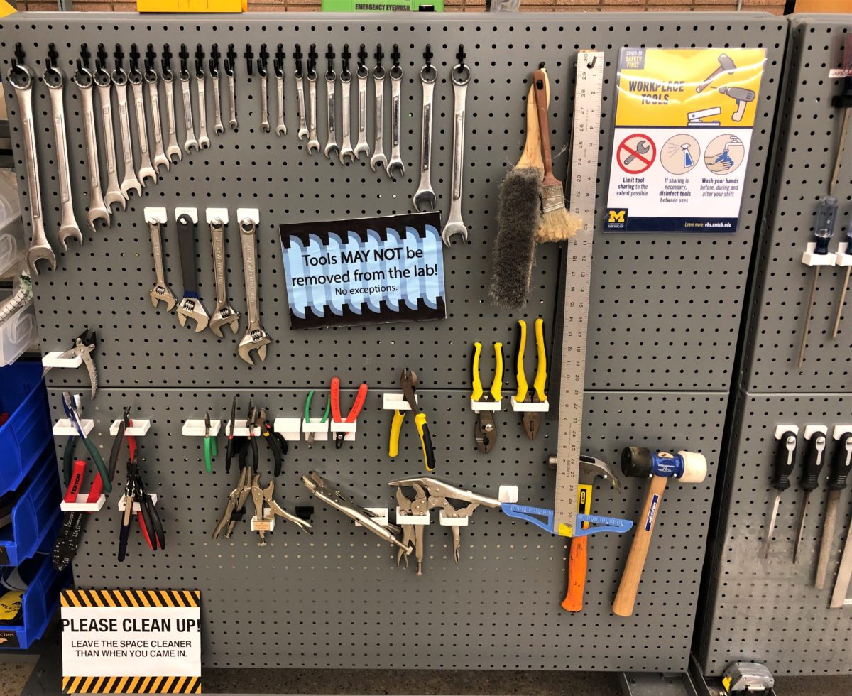 Hand tools on peg board