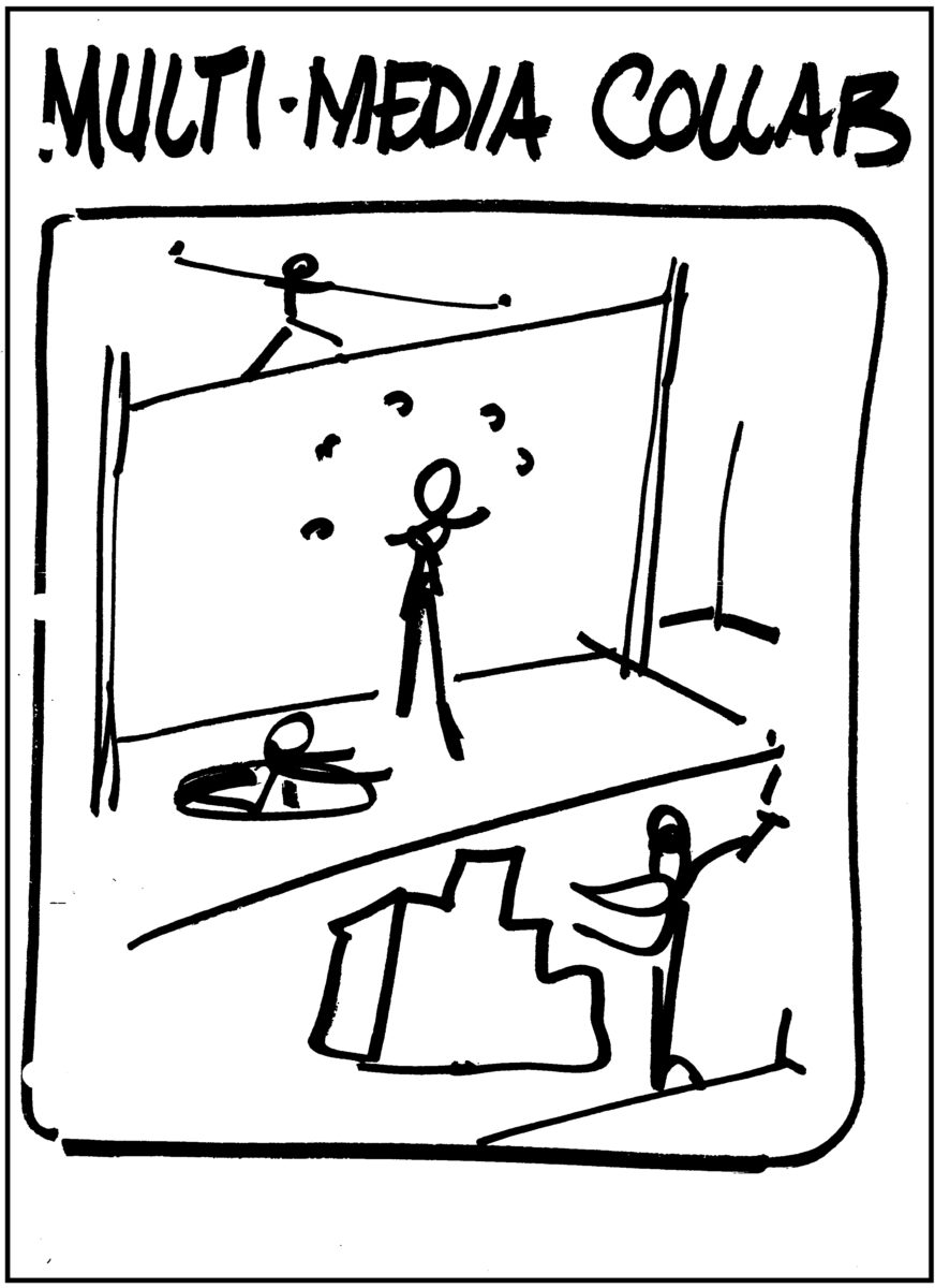 A sketch depicting "Multimedia Collaboration" made in the early 1990s by Alan Samuels (then Dean of the School of Architecture), envisioning the spaces and activities the "Media Union" would make possible.