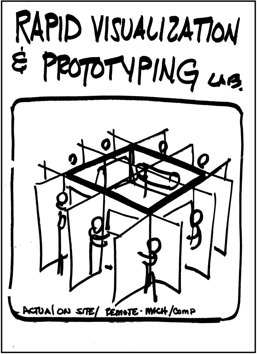 A sketch depicting "Rapid Prototyping and Visualization" made in the early 1990s by Alan Samuels (then Dean of the School of Architecture), envisioning the spaces and activities the "Media Union" would make possible.