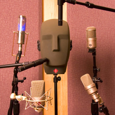 close-up image of a test mannequin with 6 microphones
