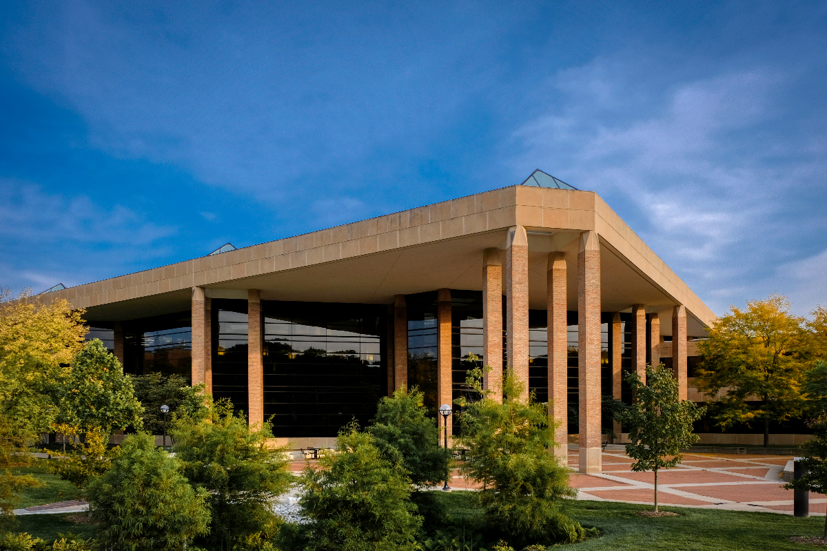 A photograph of the Main Entrance on the northwest corner of ,Duderstadt Center taken in the late afternoon.