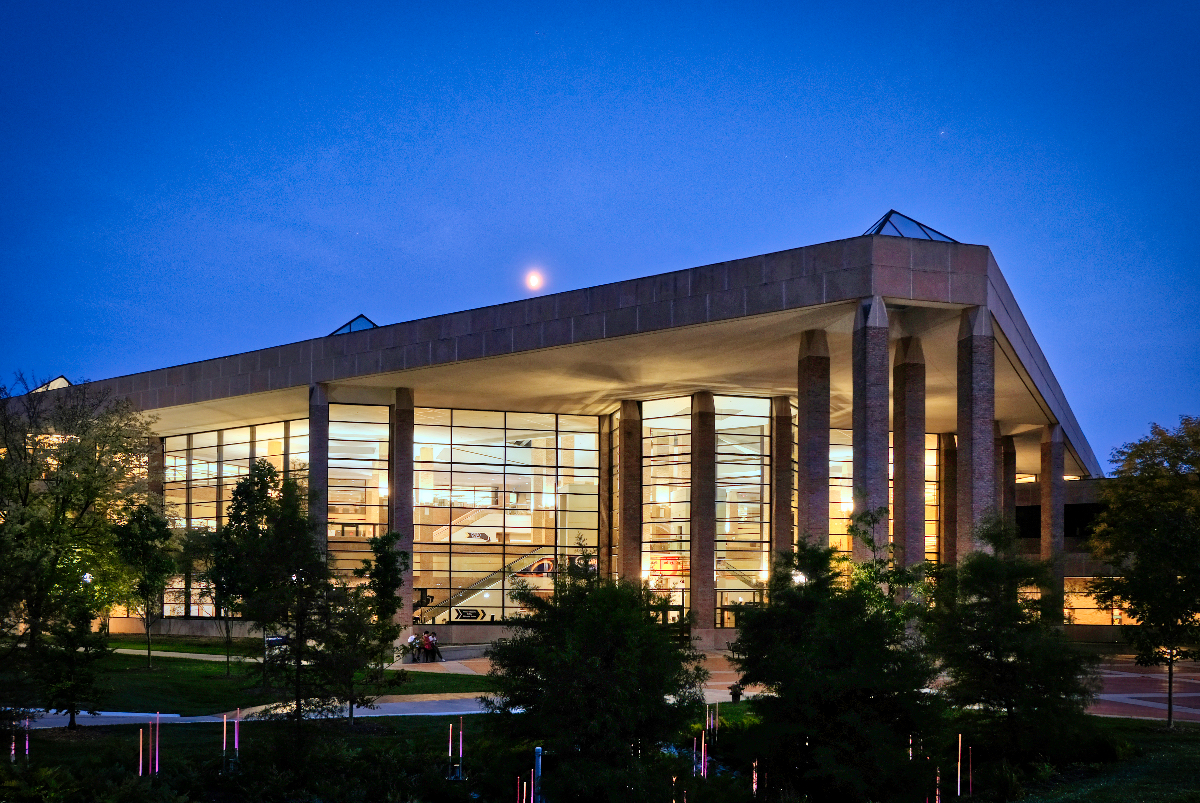 A view of the Duderstadt Center at night. The 270,000 square foot James and Anne Duderstadt Center was the first U-M academic building to operate 24 hours-a-day for the convenience of students and faculty