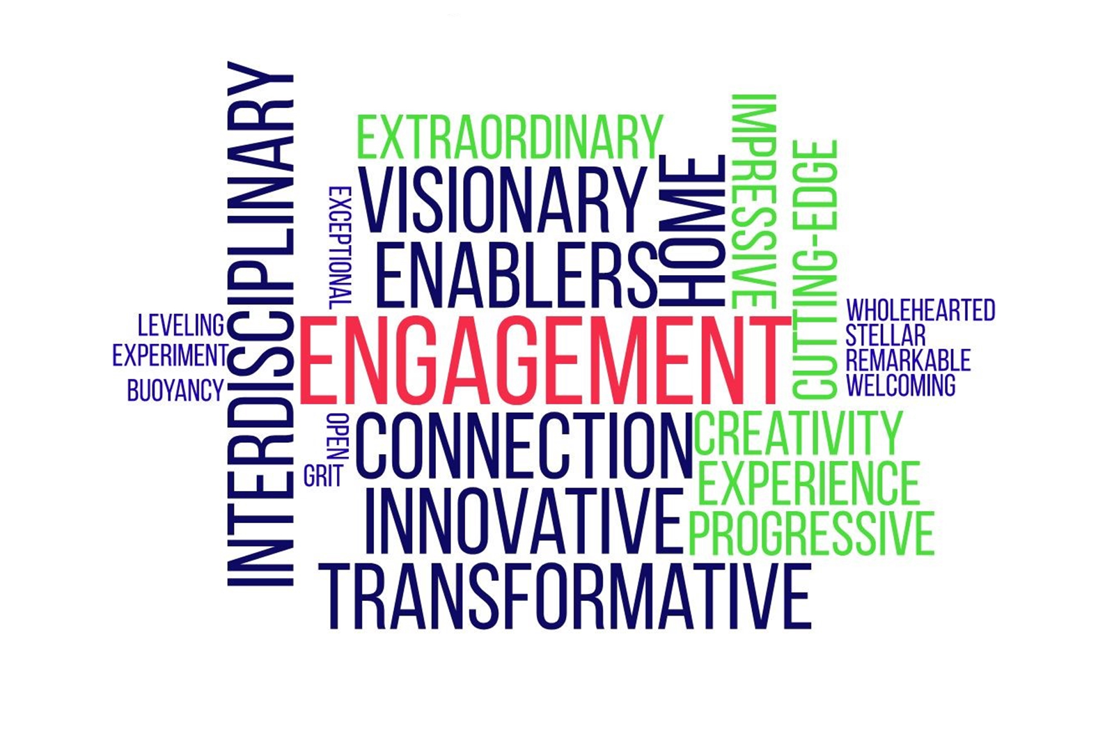 A graphic word cloud that describe the vision and qualities the staff of the DMC aspire to foster: engagement, connection, visionary, creative, experience and much more