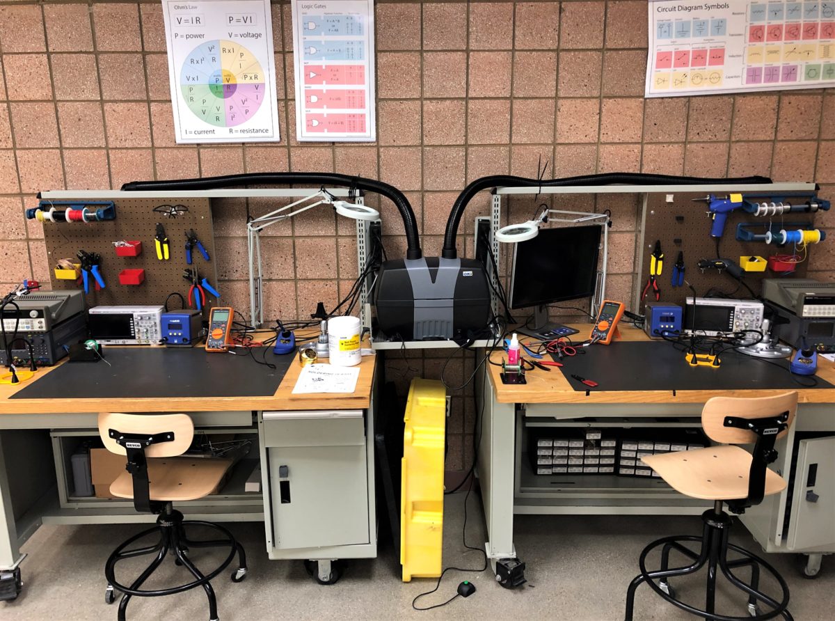 Two electronic workbench stations in the Fabrication Studio