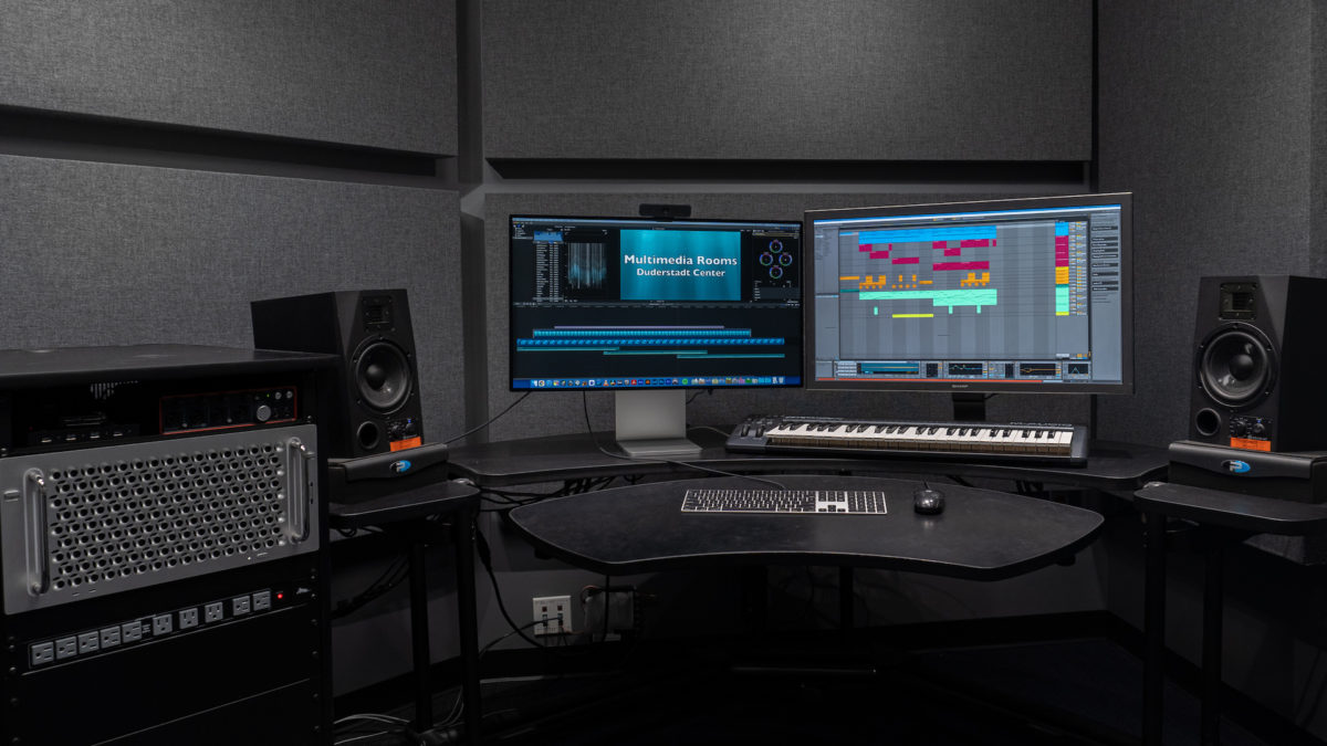 a photo of the powerful media editing workstation and peripherals that make the Multimedia Rooms an efficient and productive workspace for media producers