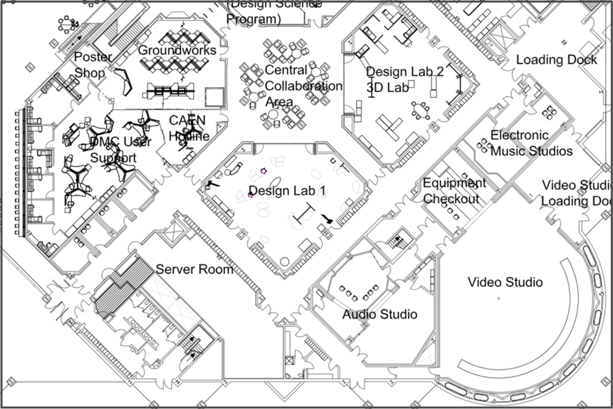 graphic showing partial 1st floor plan of the Duderstadt Center representative of the 250,000 square feet of space managed by the Facilities Services team