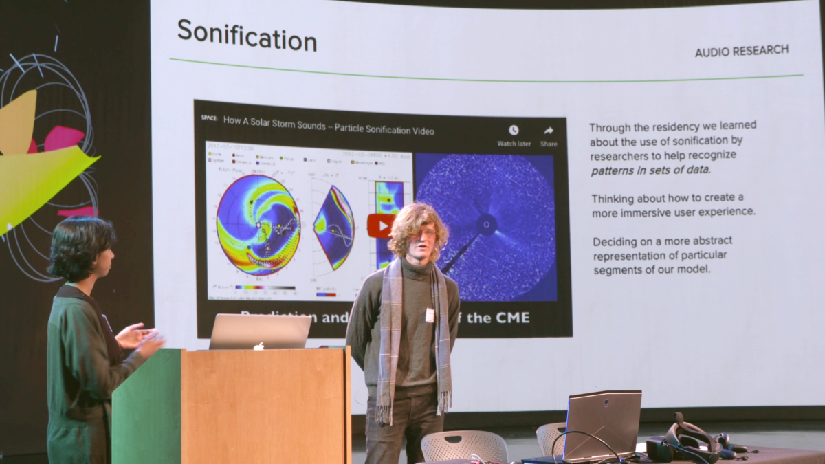 Students, artists in residence in the Magnetometer Lab at the Space Research Center, supported by multiple teams in the Duderstadt Center, present their project at the MSA symposium in February 2020.