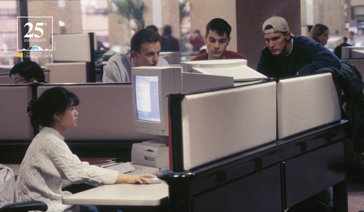 photo of students studying and collaborating using some of the 400 computer workstations in the Media Union