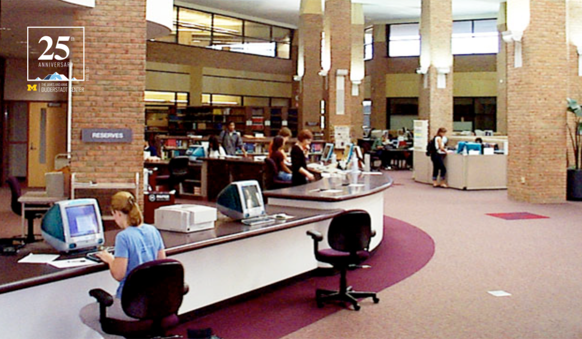 photo of the 2nd Floor Library Circulation Desk (circa 2000) where you could get help 24/7 and some computers were the prettiest shade of blue!