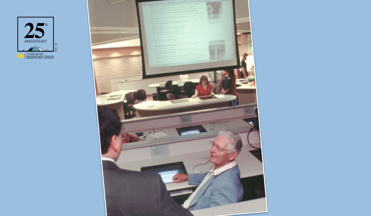 photo of U-M President Emeritus, Robben Fleming visiting the Advanced Training Lab (note the recessed monitors - quite stylish in late '90s computer classrooms)