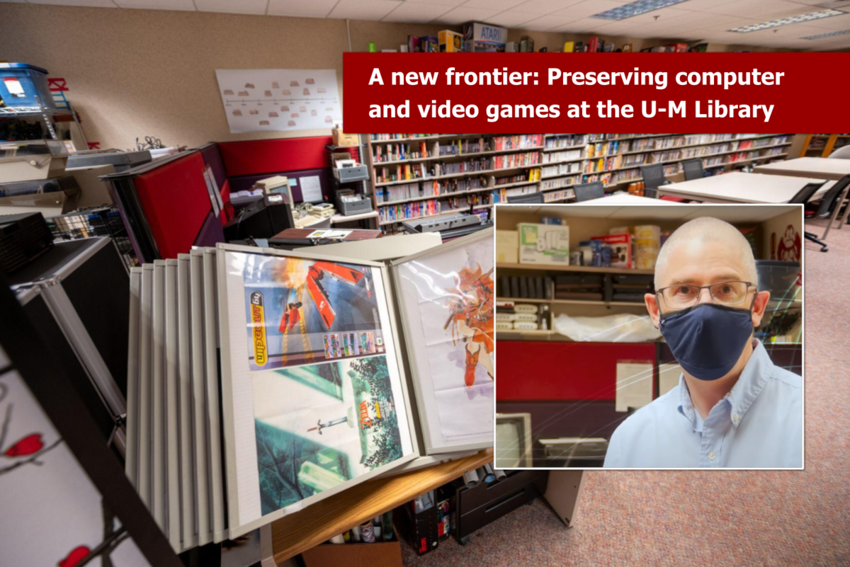Interior view of the Computer and Video Games Archive with inset photo of U-M Librarian David Carter