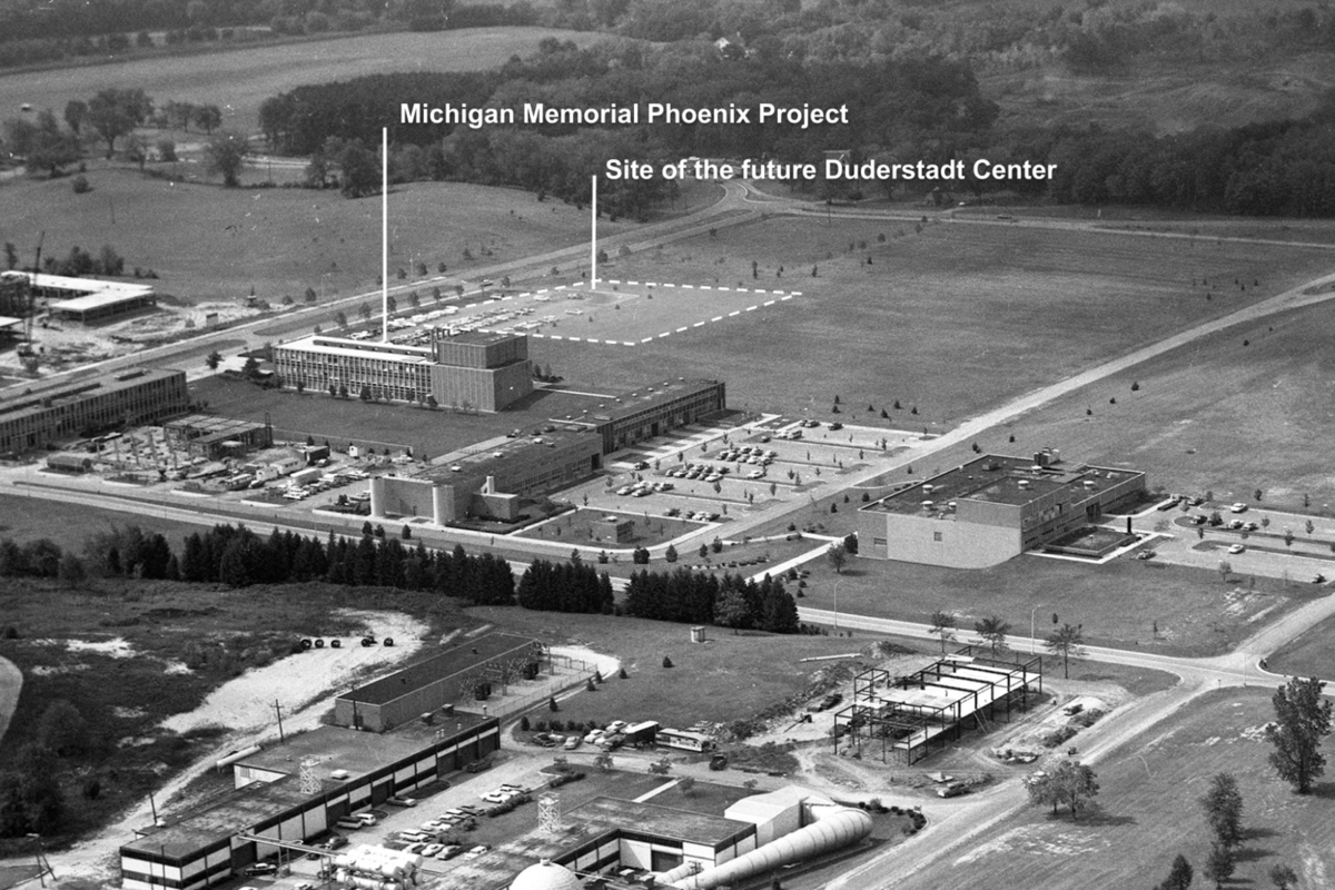 Aerial Photo U-M North Campus showing MMPP and future site of the Duderstadt Center in 1962 © Ann Arbor News courtesy of the Ann Arbor District Library