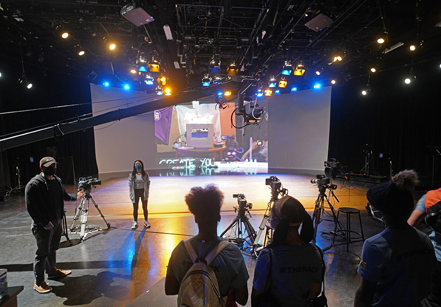 image of high school students from The School at Marygrove tour the multi-media Video Studio in the Duderstadt Center