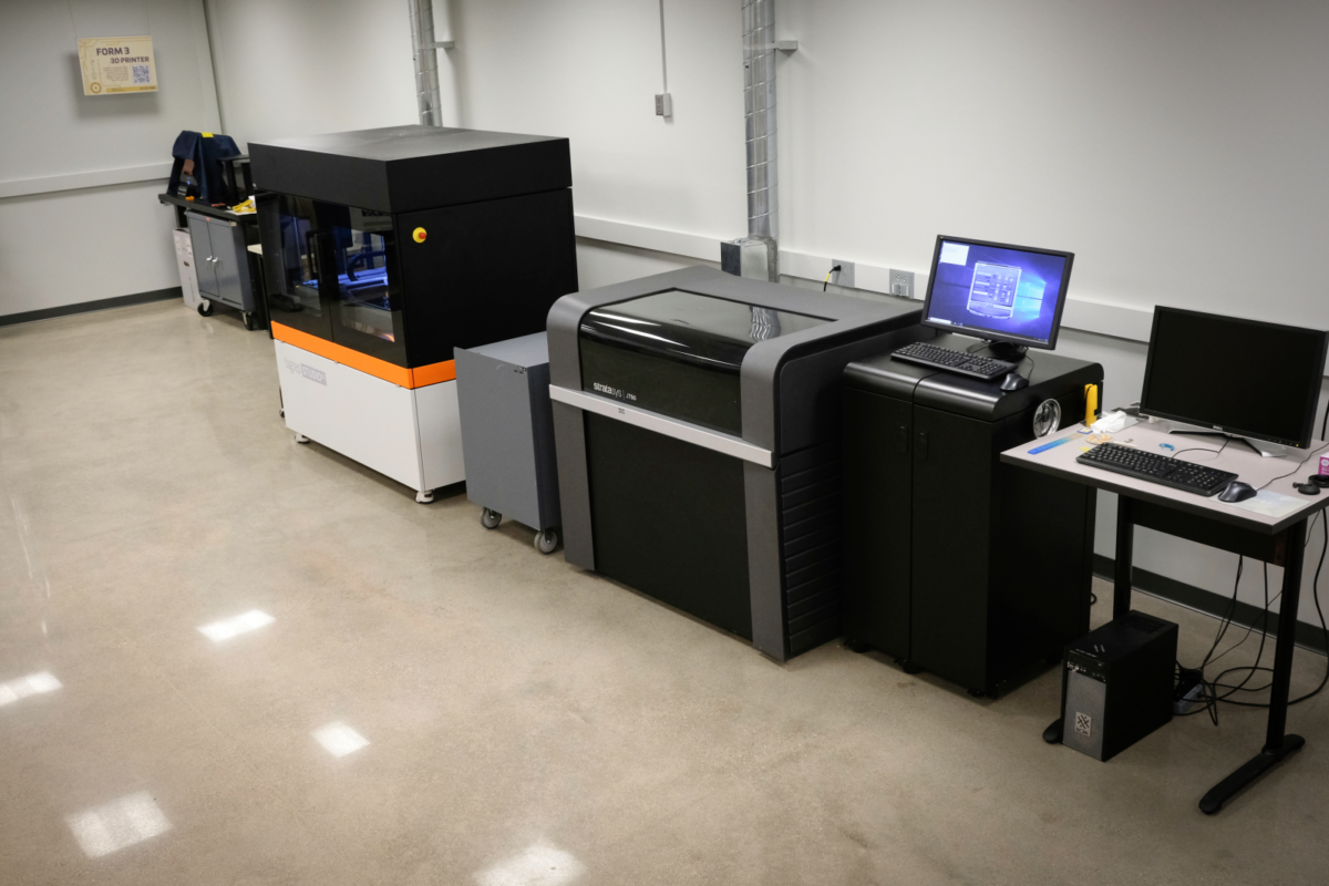 Image of the lineup of 3D printers in the DC's new Fabrication Underground facility. These 3D printers can produce parts from miniature to up to one meter in size