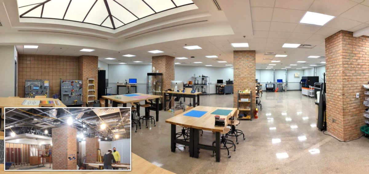 A panoramic perspective showing the interior of the new Fabrication Underground facility with inset photo during its construction