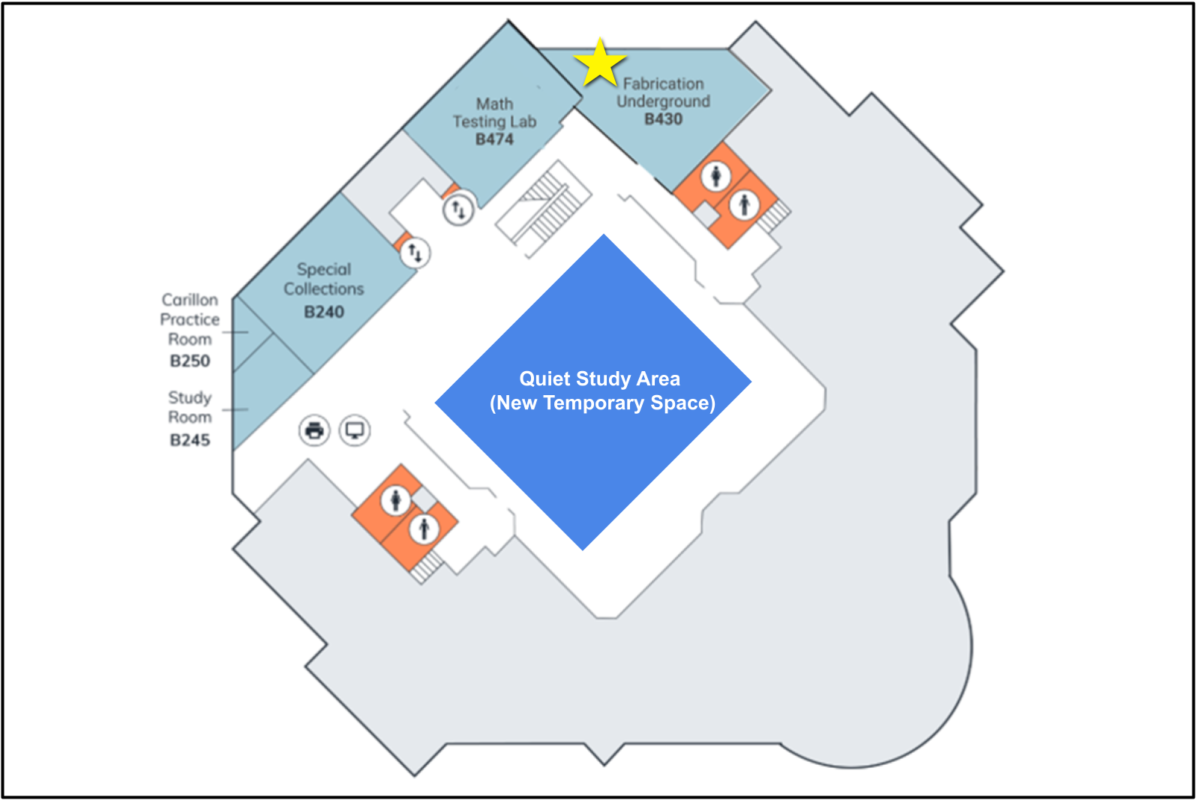 Plan of DC Lower Level showing new temporary quiet study space
