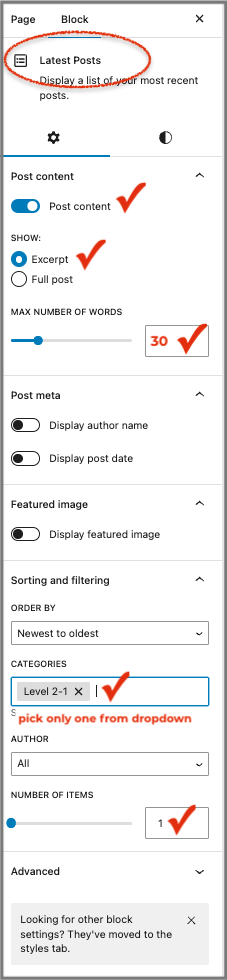 Settings for homepage "Latest Posts" blocks to display posts in the "Level 2" category