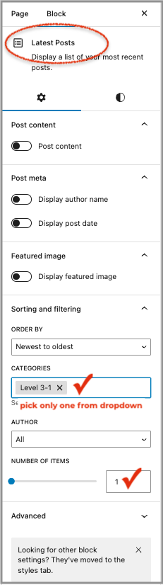 Settings for homepage "Latest Posts" blocks to display posts in the "Level 3" category