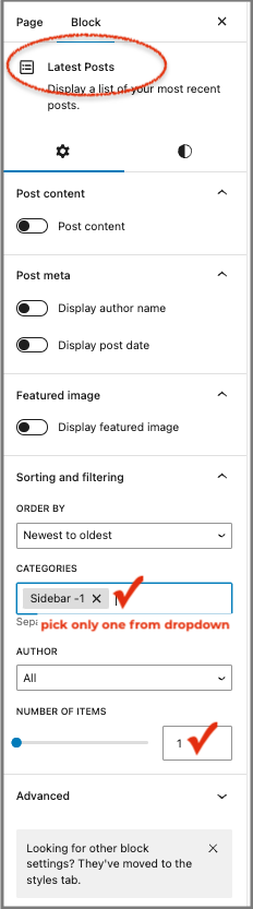 Settings for homepage "Latest Posts" blocks to display posts in the "Sidebar" category