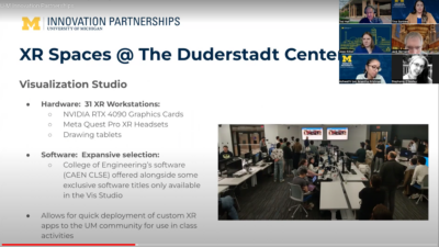 Slide from XR Webinar Topic is "XR Spaces in the Duderstadt Center