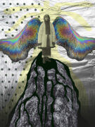 Woman with iridescent wings standing on a rock.