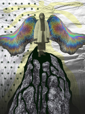 Woman with iridescent wings standing on a rock.