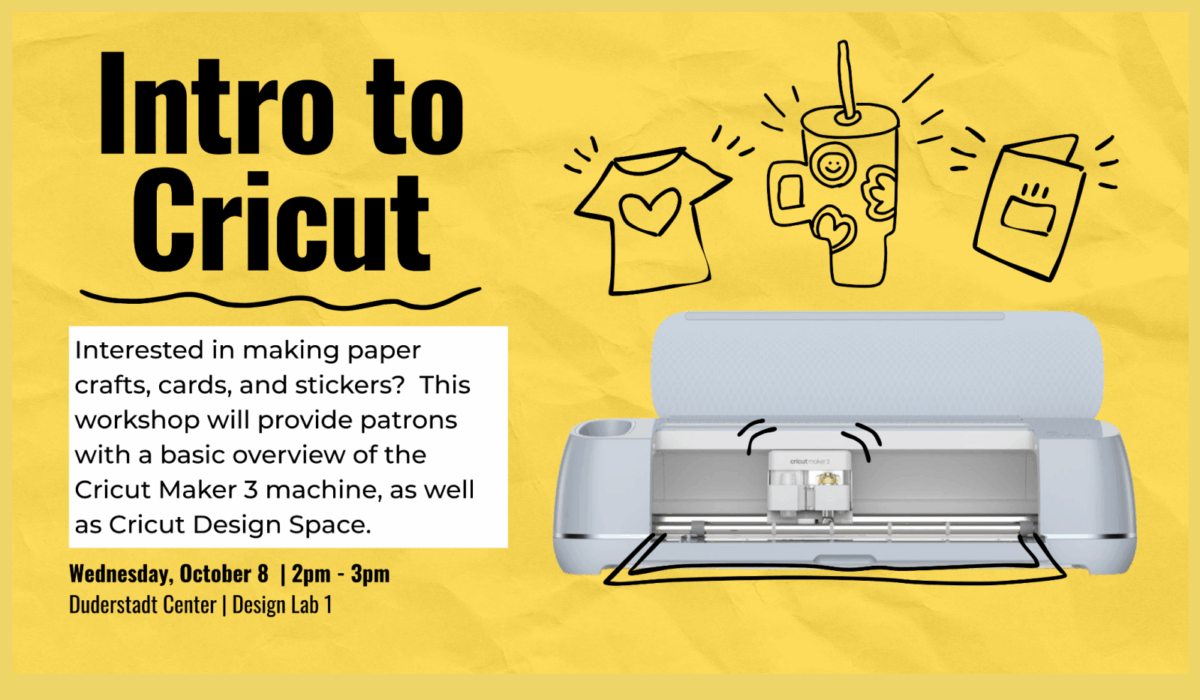 Cricut machine on a yellow background with text.