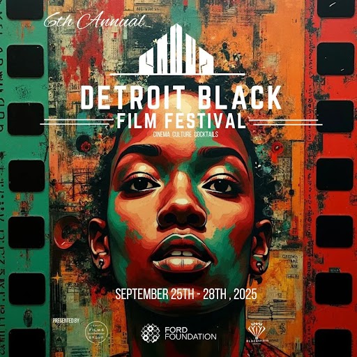 Film strip image with a black women's face on a green, gold and red background.