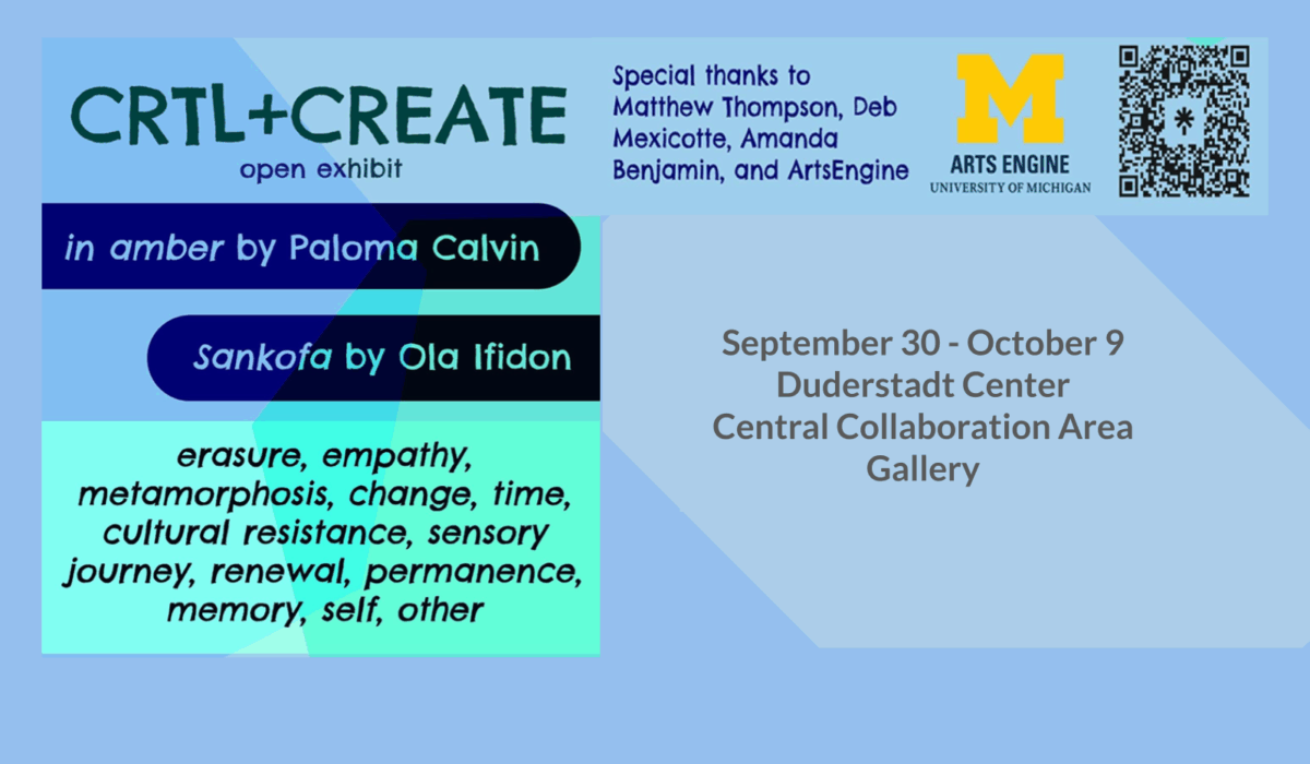 Color block exhibit poster with text.