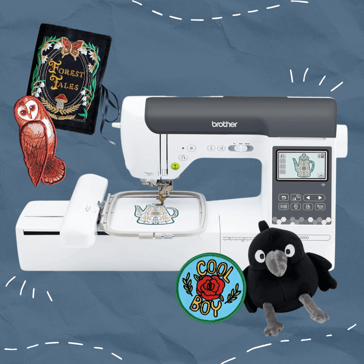 sewing machine with various embroidered patched on a blue background.