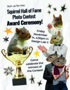 Four squirrels on the right of the image applauding the winning squirrel on left on top of the trophy