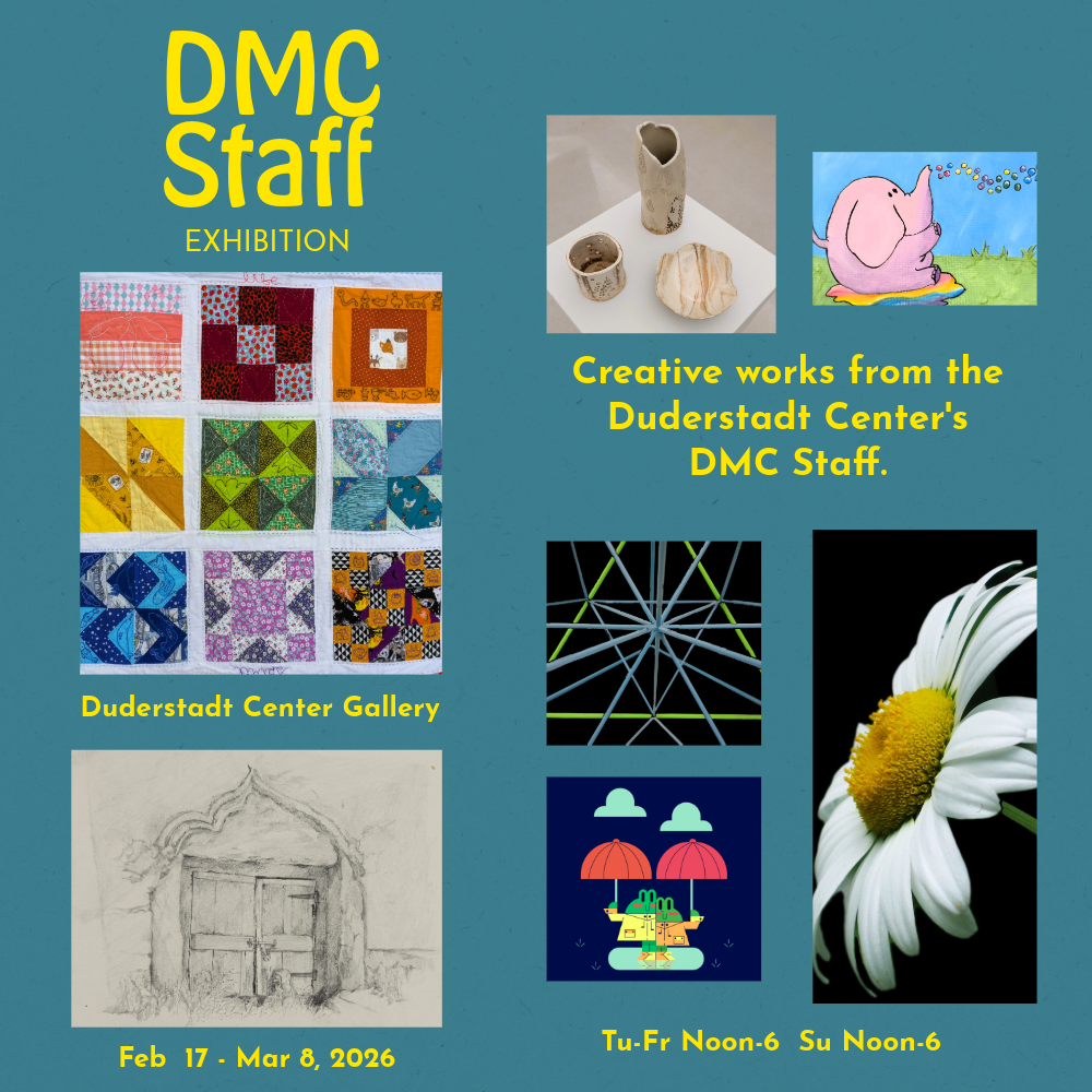 Pictures of varied artwork on a teal background.