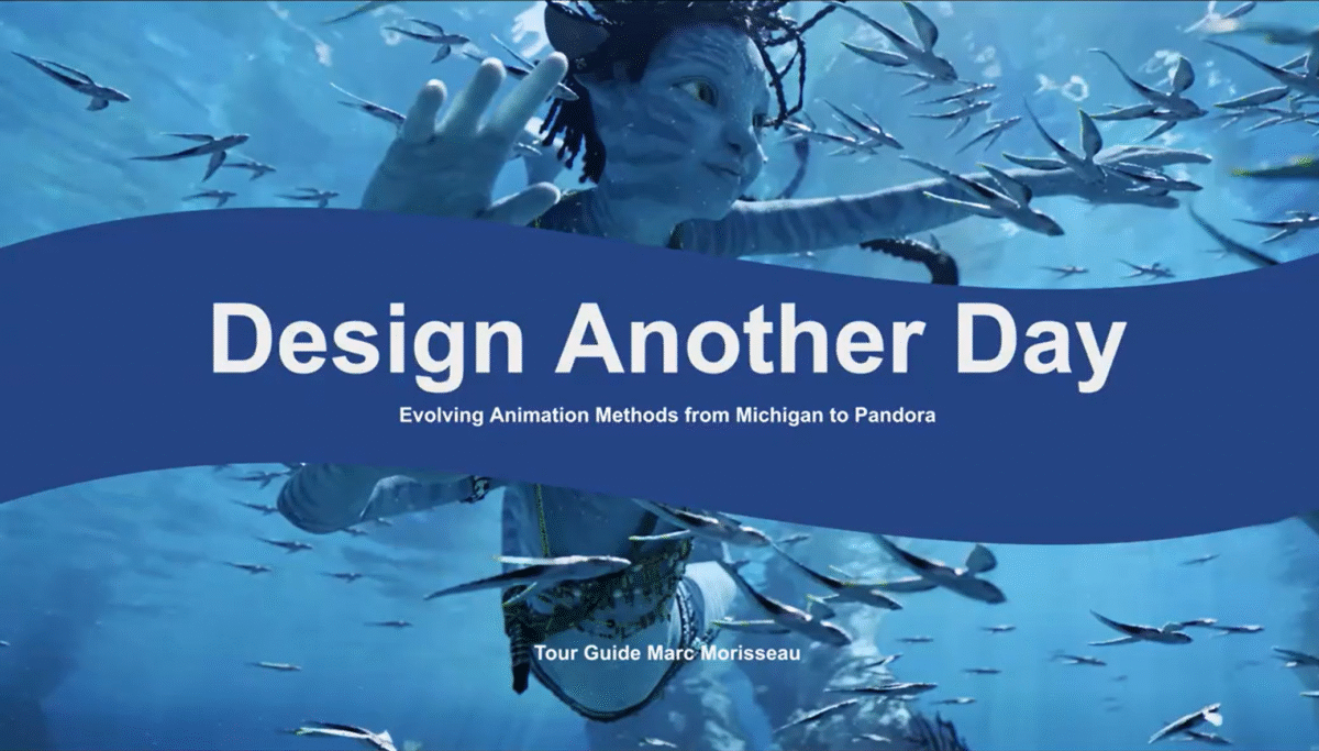 A slide deck with Avatar character as background with the title "Design Another Day"