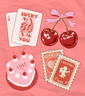 Cherries, cards and a heart shaped cake on a pink background.