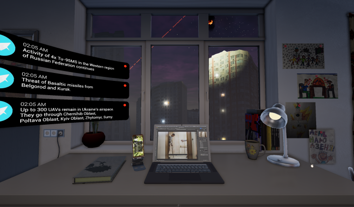 A VR bedroom setting with text alerts popping out on the left side.