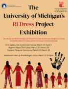 Drawing of individuals in red dresses on tan background with text.