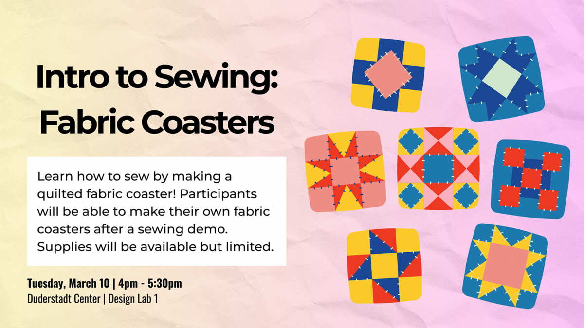 Yellow and pink background with quilt look squares and text.