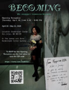 Women in black dress standing by a concrete wall with text.