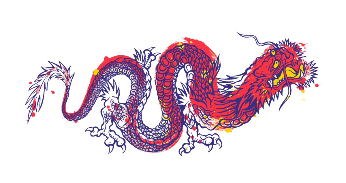 a red and blue dragon figure on the white background