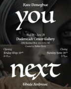 Black poster with white text and a shadowy face in the background.