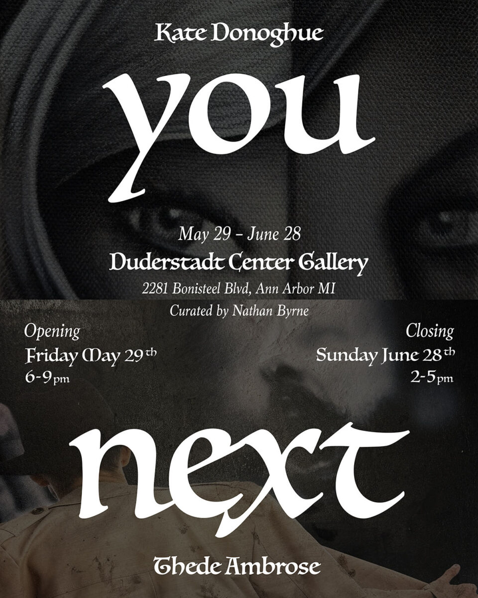Black poster with white text and a shadowy face in the background.