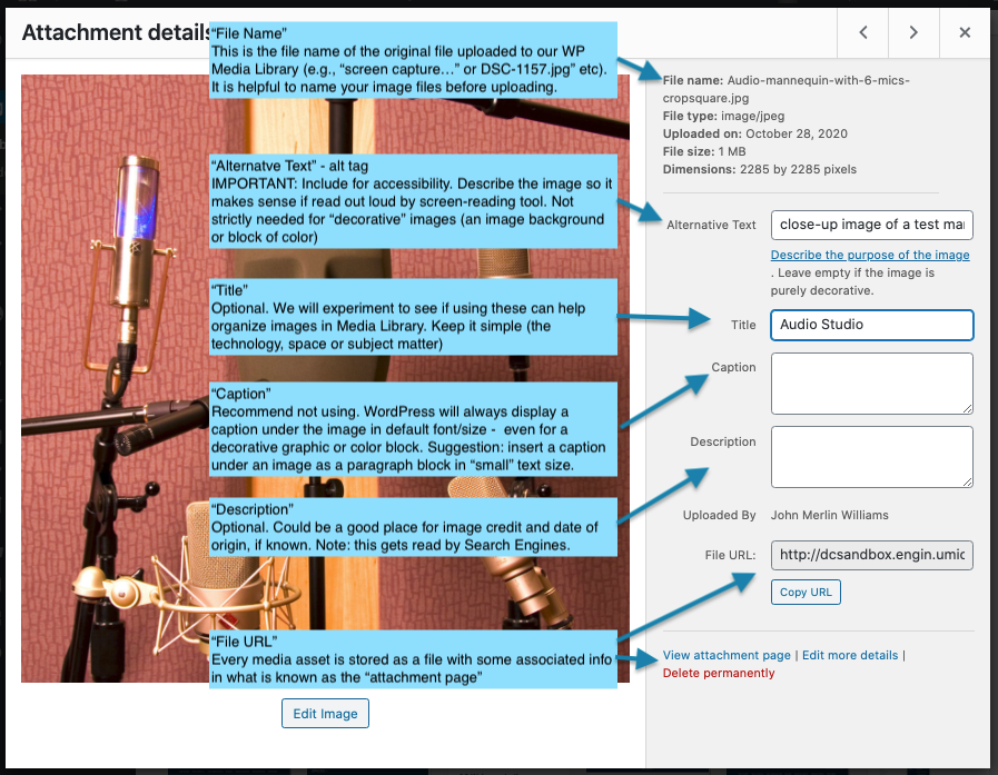 Screen capture of the metadata fields used by the WordPress Media Library for an image. INcludes notes in recommended usage.