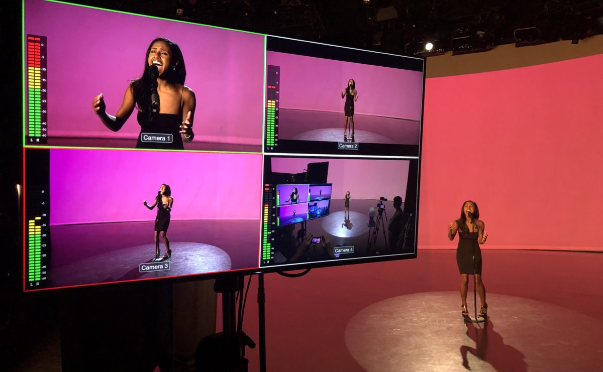 Four video monitors in the Video Studio help producers during Olivia Hardy's Musical Theatre thesis performance recording