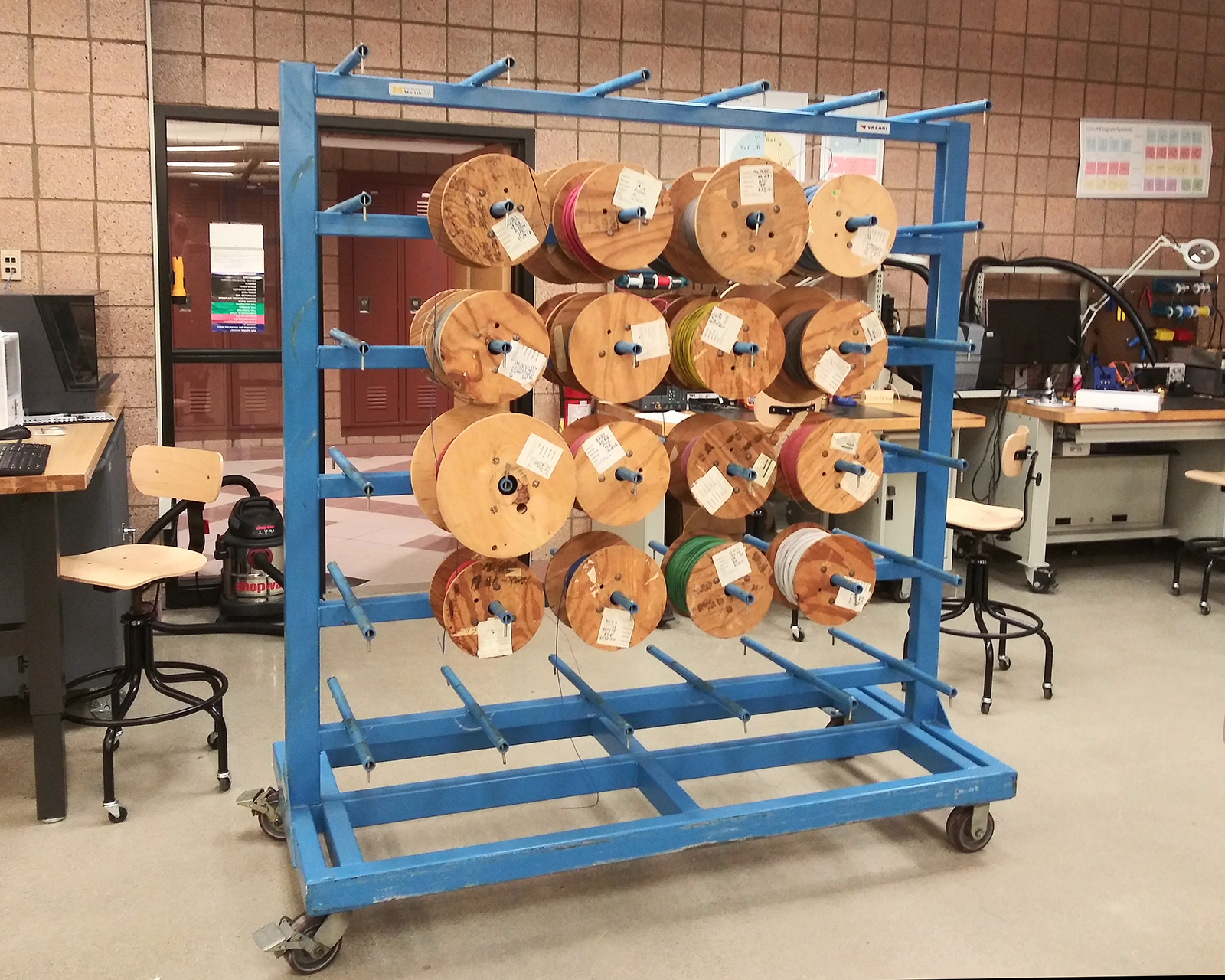 photo of electrical wire and rack donated by Yazaki N.A. Corporation to the Fabrication Studio