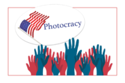 Photocracy Voting Sticker With Voting Hands and Logo