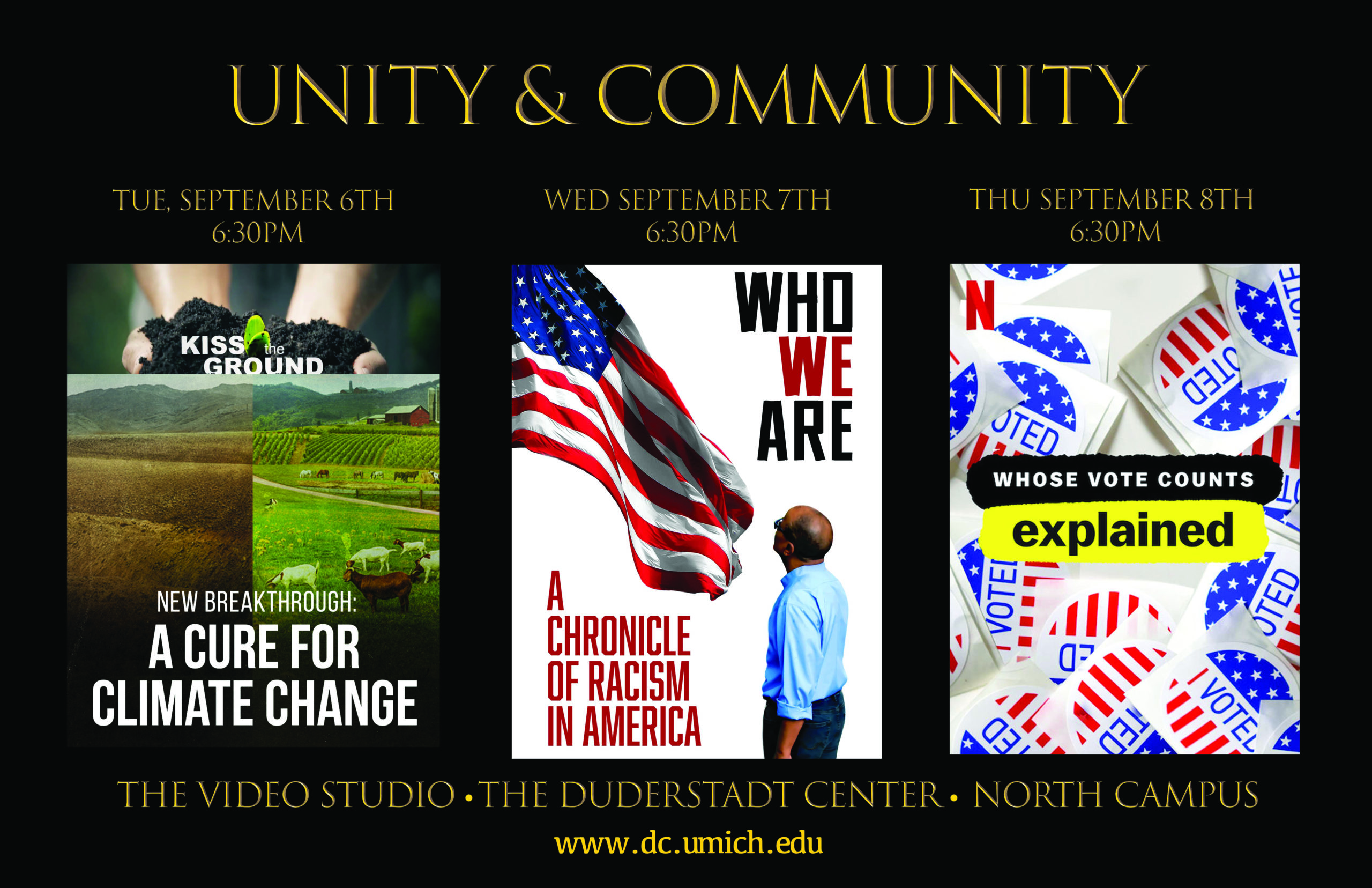 Poster for the Video Studio Fall Film Series "Unity & Community"