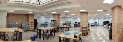 Wide-angle view of the interior of "Fabrication Underground" the 3D fabrication facility in the Duderstadt Center