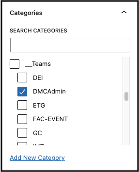 Image of the "Categories" settings for a Latest Posts block