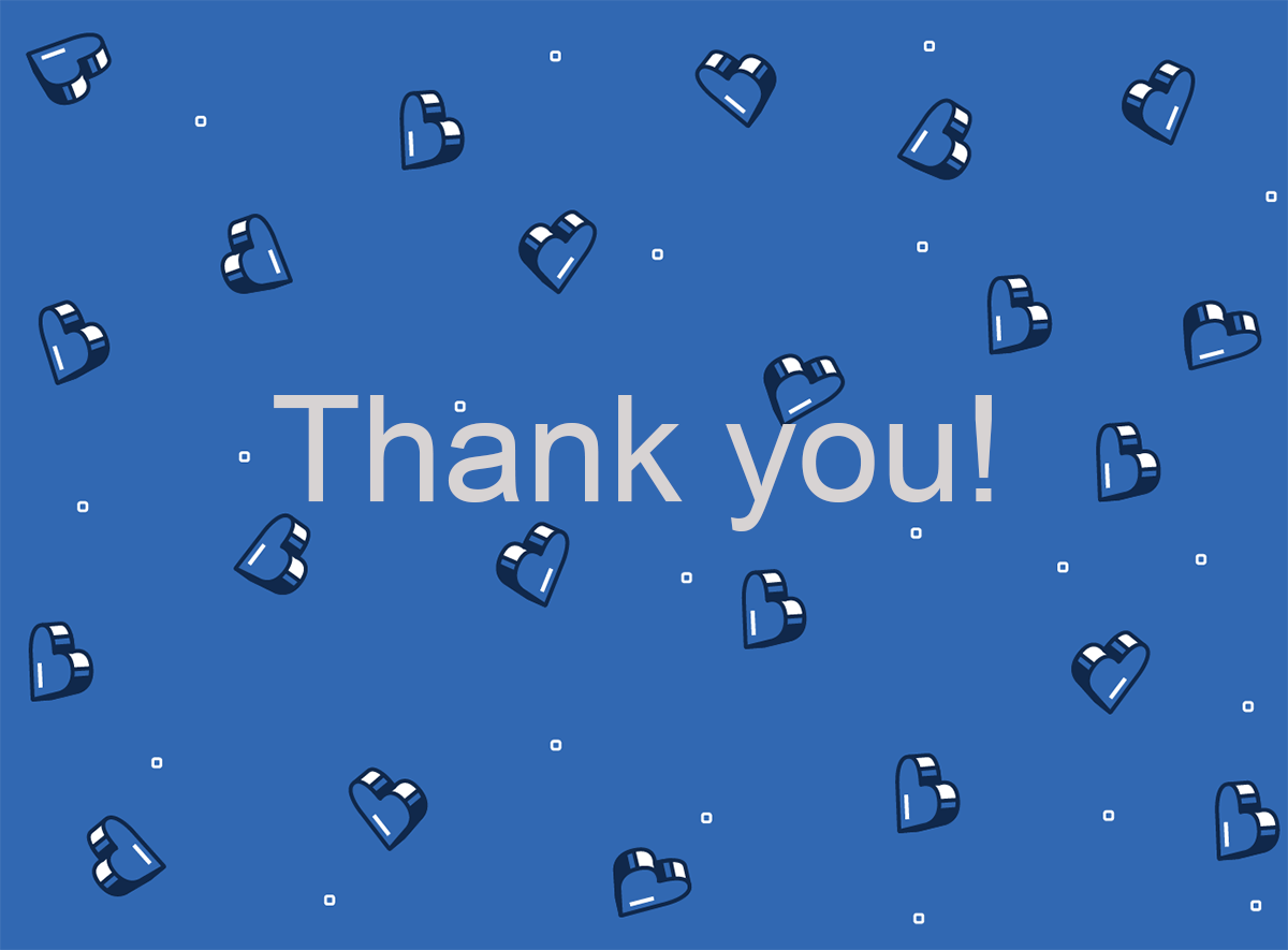 Blue background with floating hearts and Thank you text.