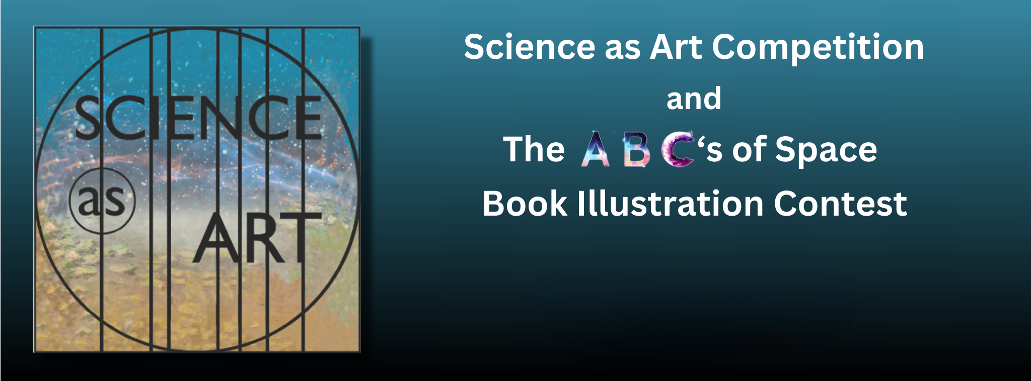 Science as Art logo on teal background with text about the exhibit.